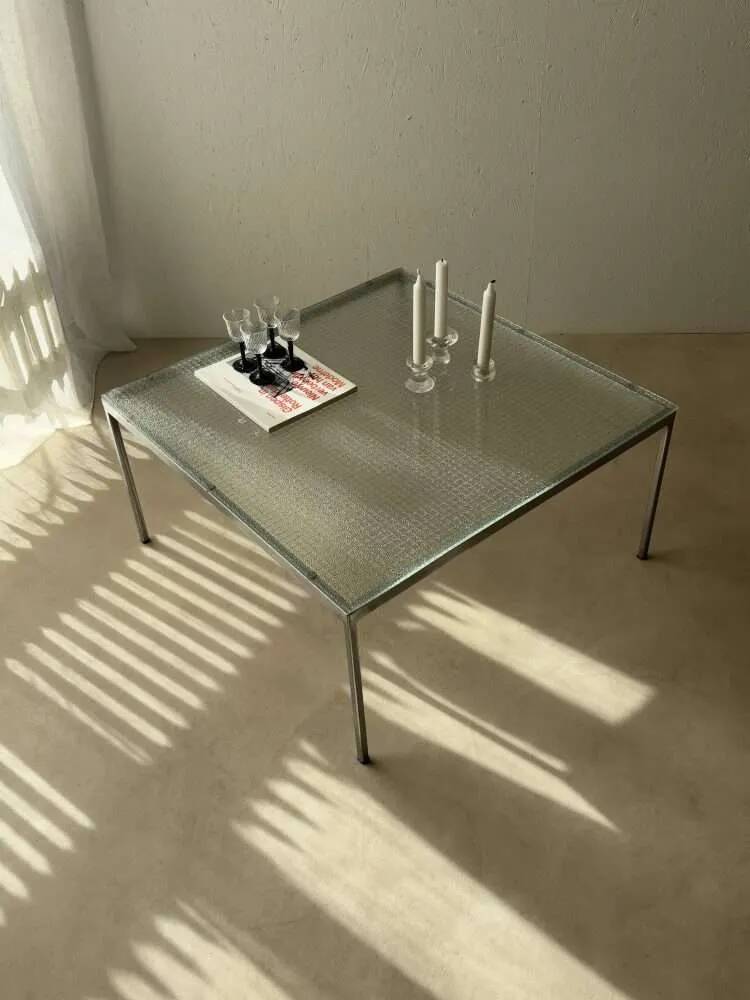 Minimalist 1960s wire glass coffee table in stainless steel.