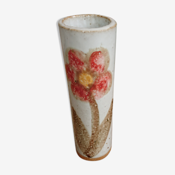 Painted enamelled sandstone 70's cylinder vase