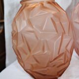Pair art deco frosted glass vases with geometric pattern