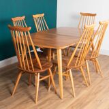 Retro Blonde Elm Model 444 Grand Plank Dining Table & 8 Goldsmith Dining Chairs