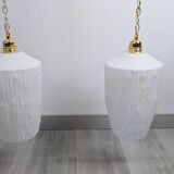 Pair of opaline pendants from the 1960s, luminous simplicity, 140 cm.