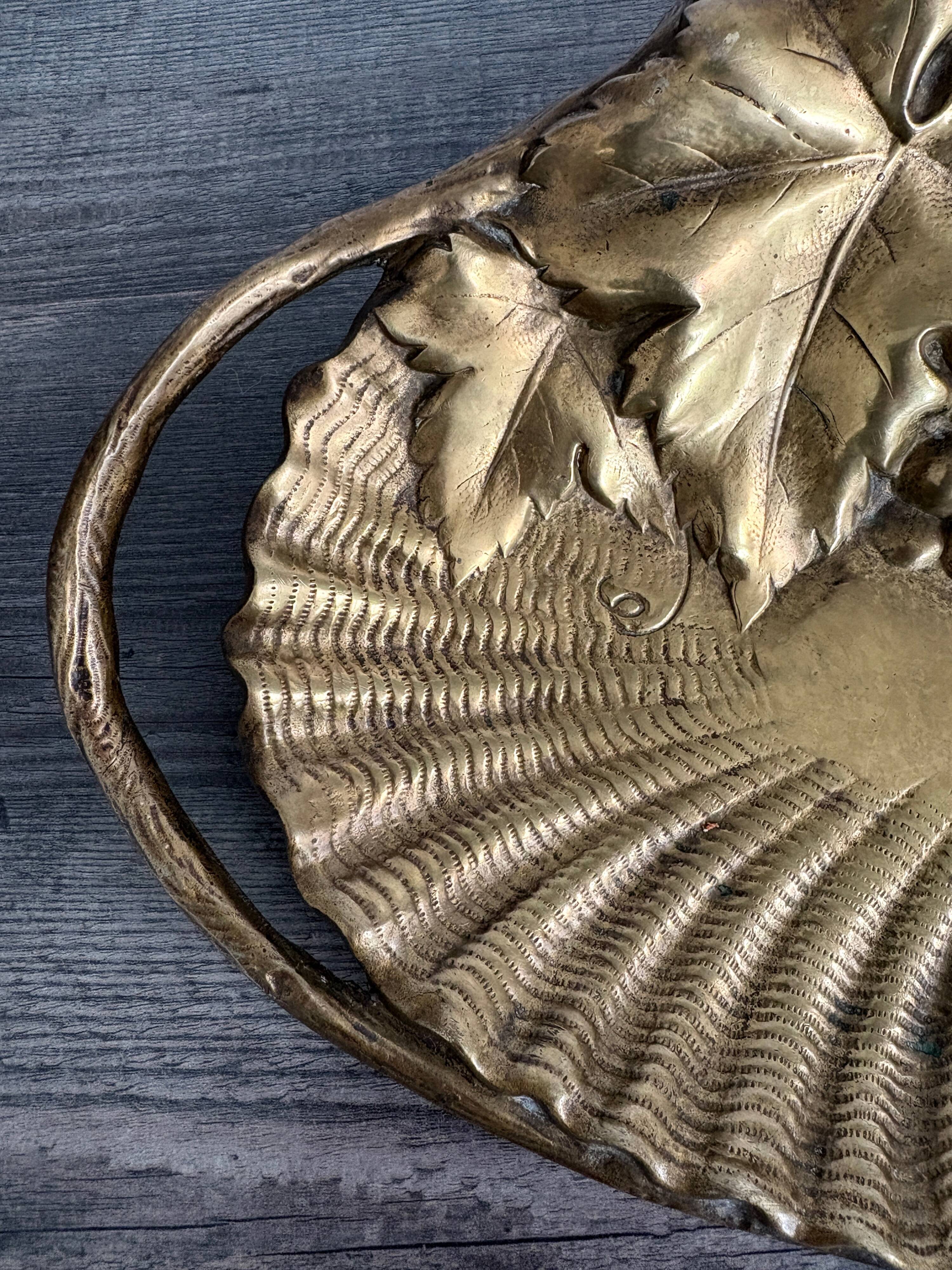 Superb antique brass tray with Art Nouveau grapes.