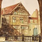 Joigny Old House Porte Saint Jean Colored etching signed Léopold Robin