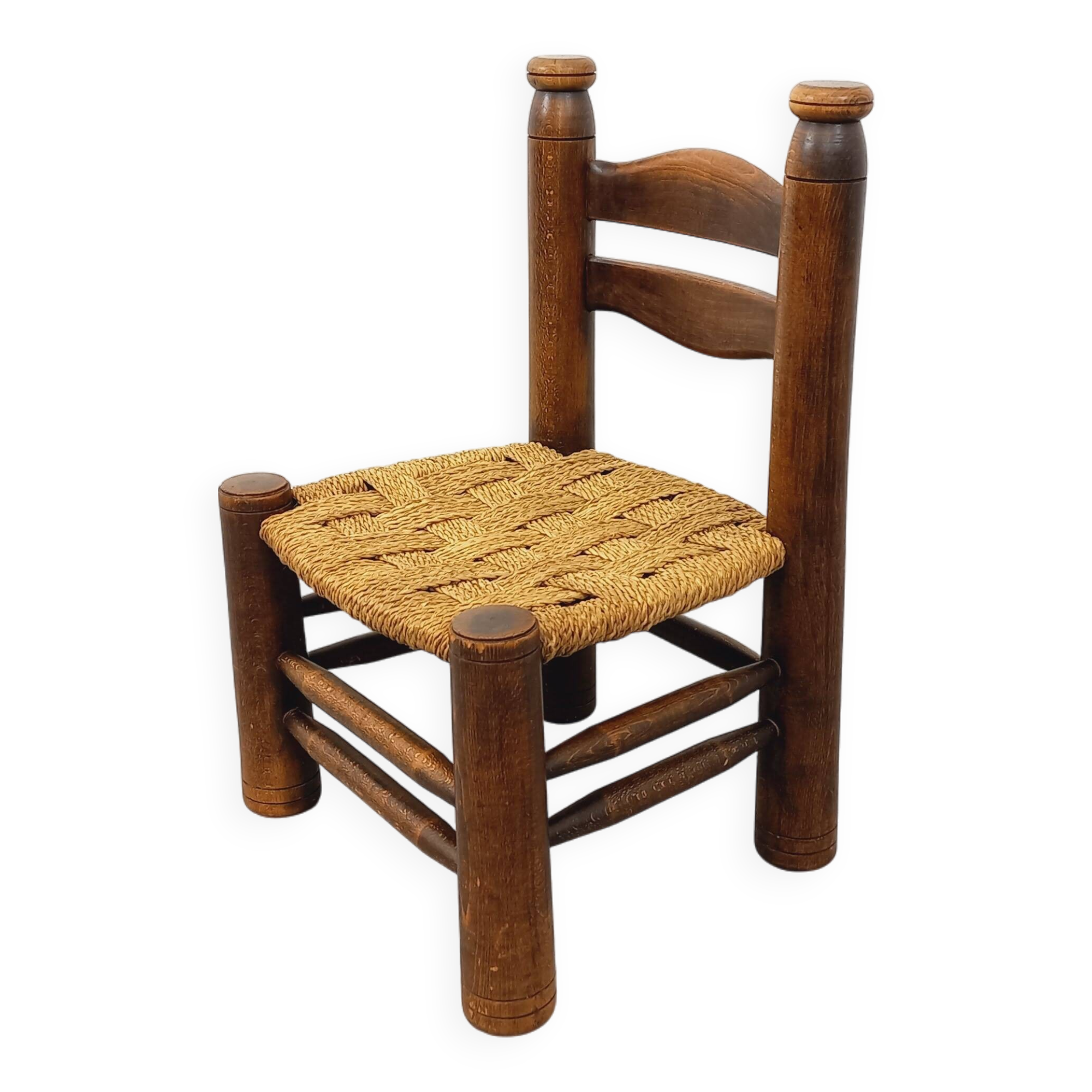 Vintage Charles Dudouyt Brutalist Low Chair in Wood and Straw