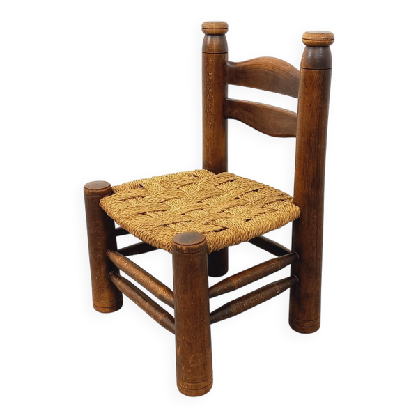 Chaise basse  vintage en bois et paille