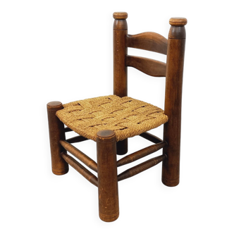 Vintage Charles Dudouyt Brutalist Low Chair in Wood and Straw