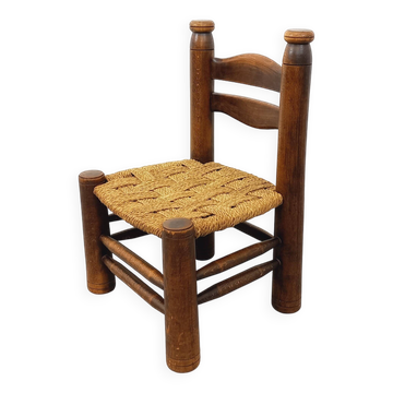Chaise basse  vintage en bois et paille