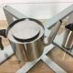 Arne Jacobsen stainless steel teapot and milk pot, Cylinda Line, by Stelton