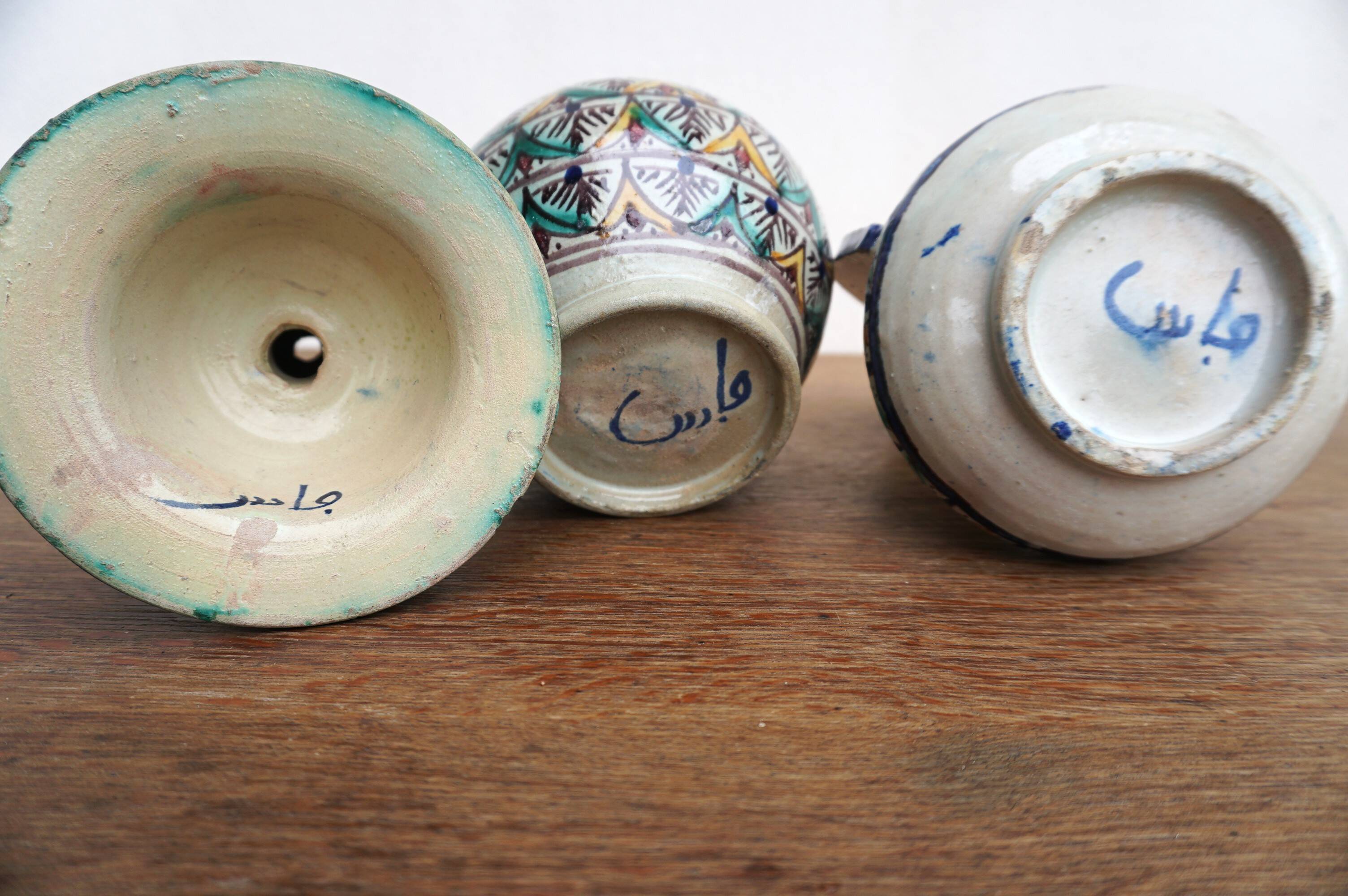 Moroccan handicraft ceramic candle holder, pot and vase set