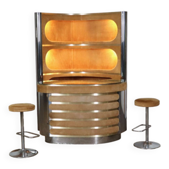 Suede And Chrome Dry Bar With Barstool By Willy Rizzo, 1970s