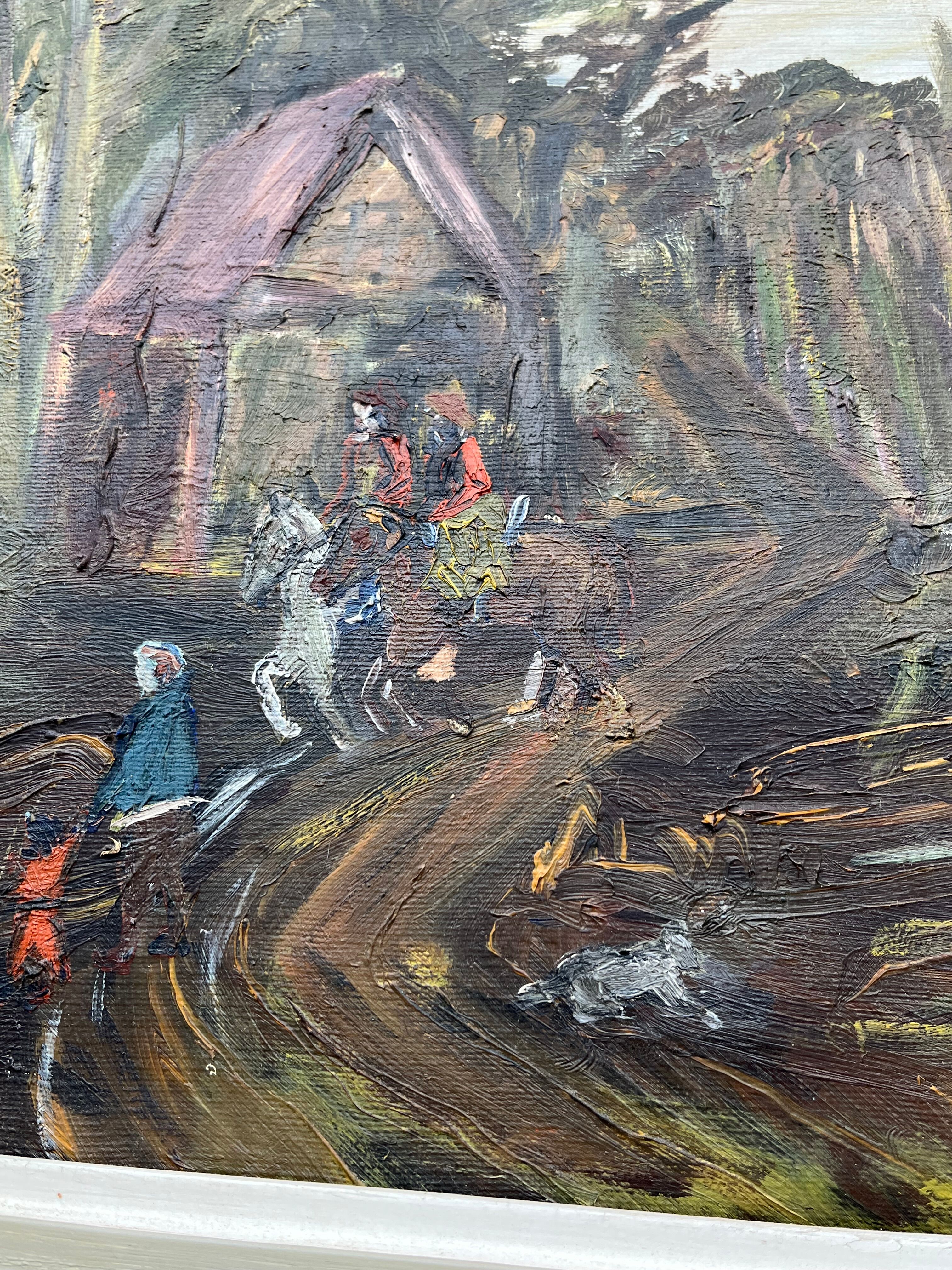 Painting, oil on canvas signed, forest landscape with horsemen