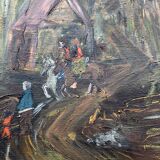 Painting, oil on canvas signed, forest landscape with horsemen