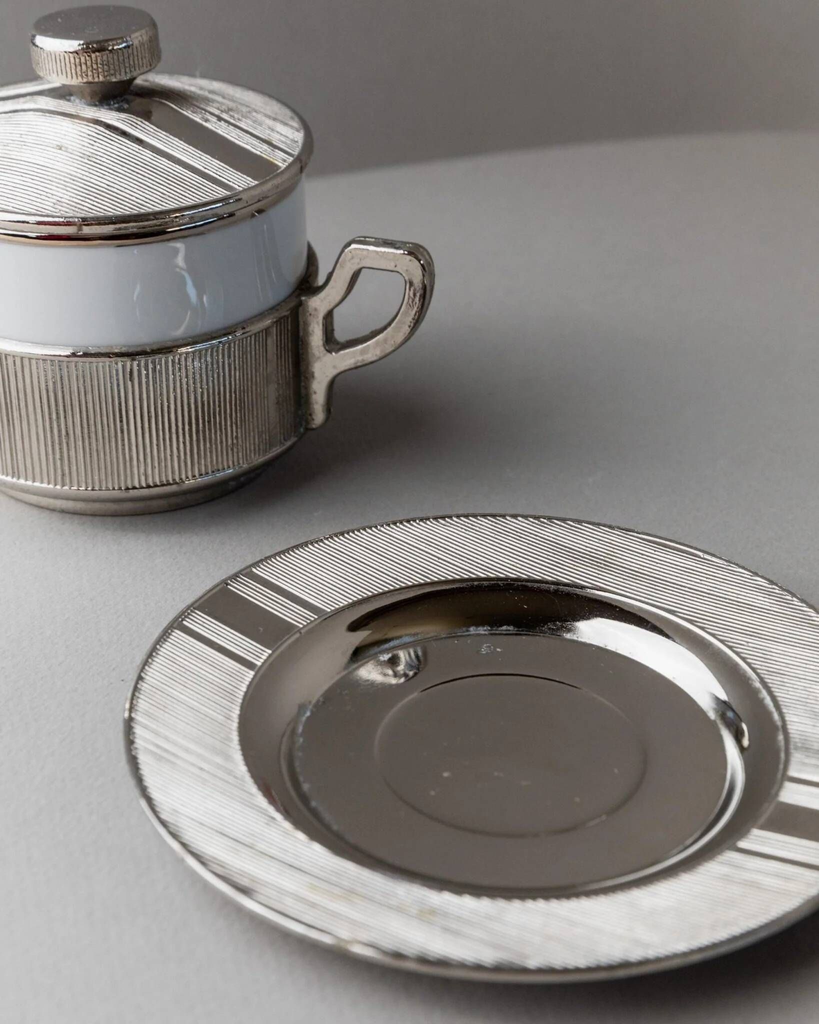 Blanc Porcelaine with Silver-Plated Lid Monopoli Italy 1950s Mid-Century Sugar Jam Bowl