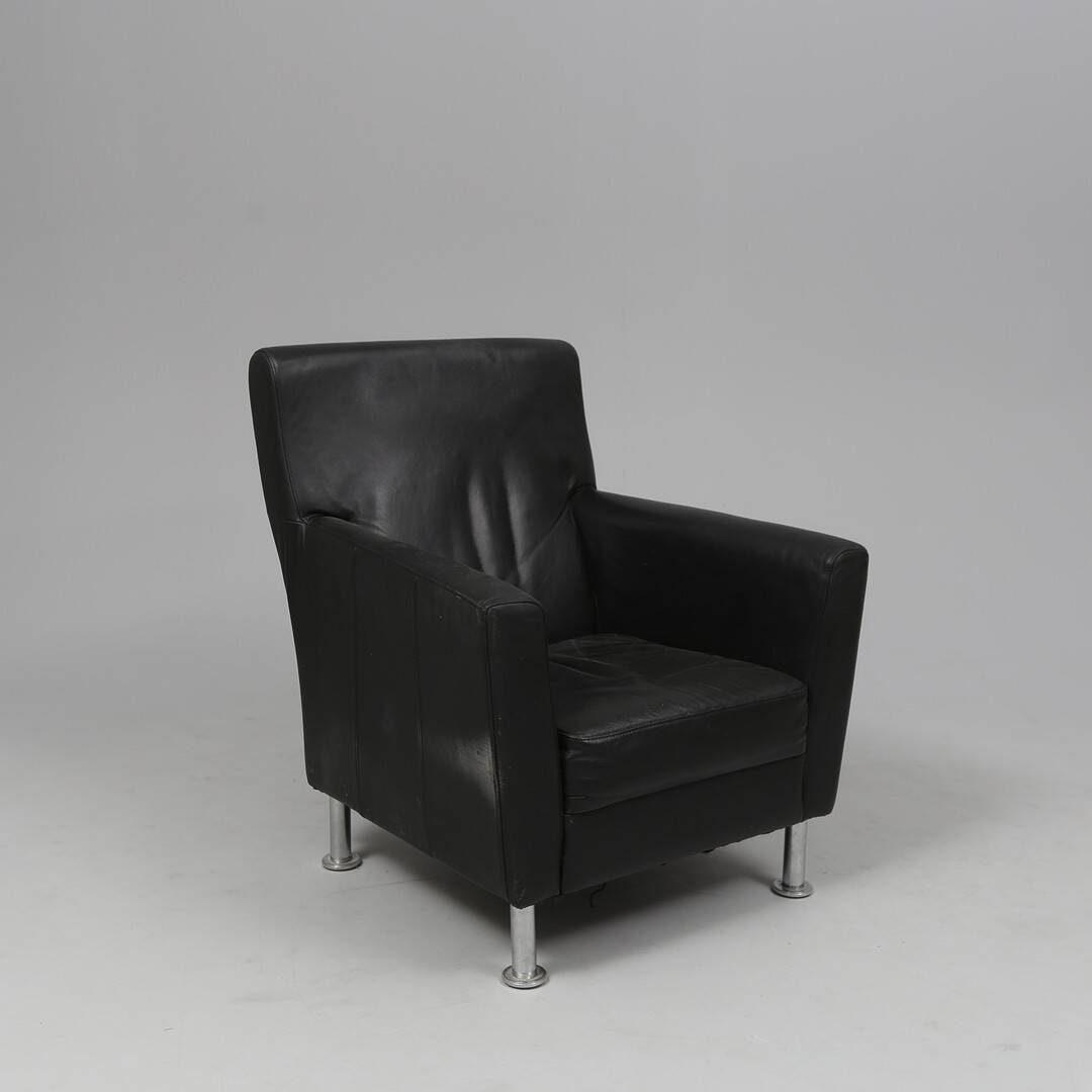 Modern Lounge Armchair with Matching Footstool — Black Leather