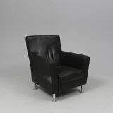 Modern Lounge Armchair with Matching Footstool — Black Leather