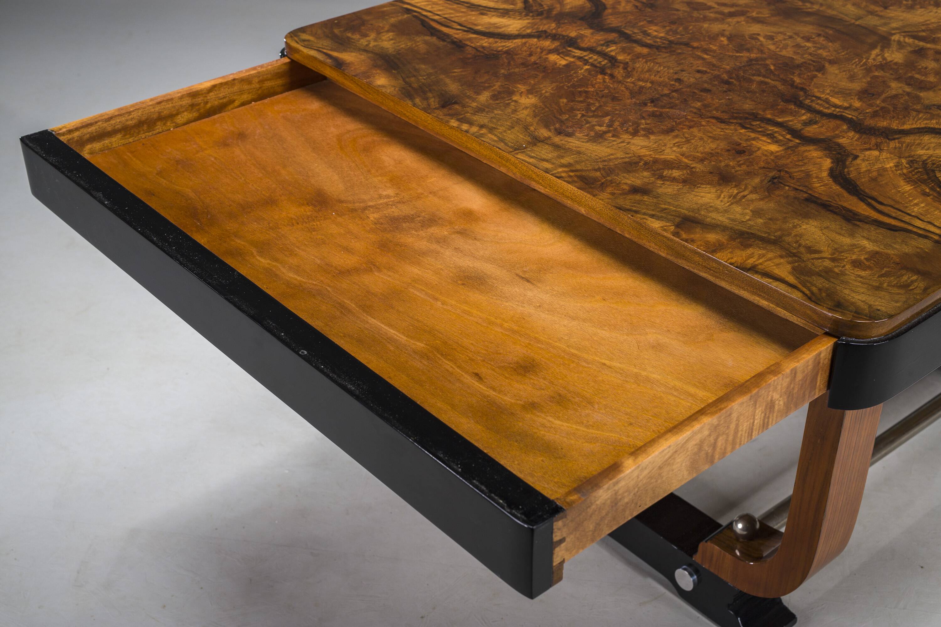 Art Deco French Walnut & Burl Dining Set, 1930s, Set of 7