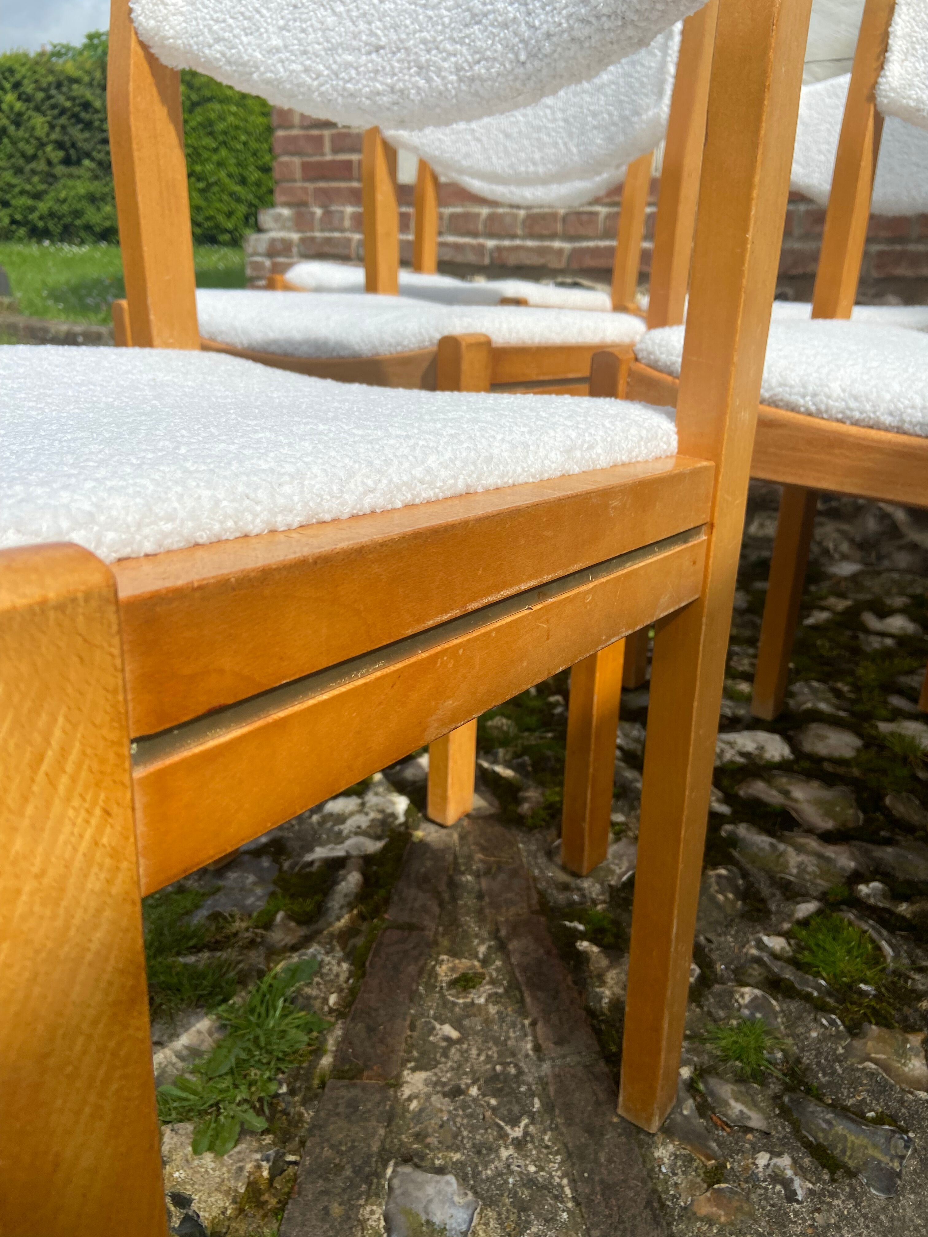 Six vintage 70s Baumann style chairs white buckle fabric