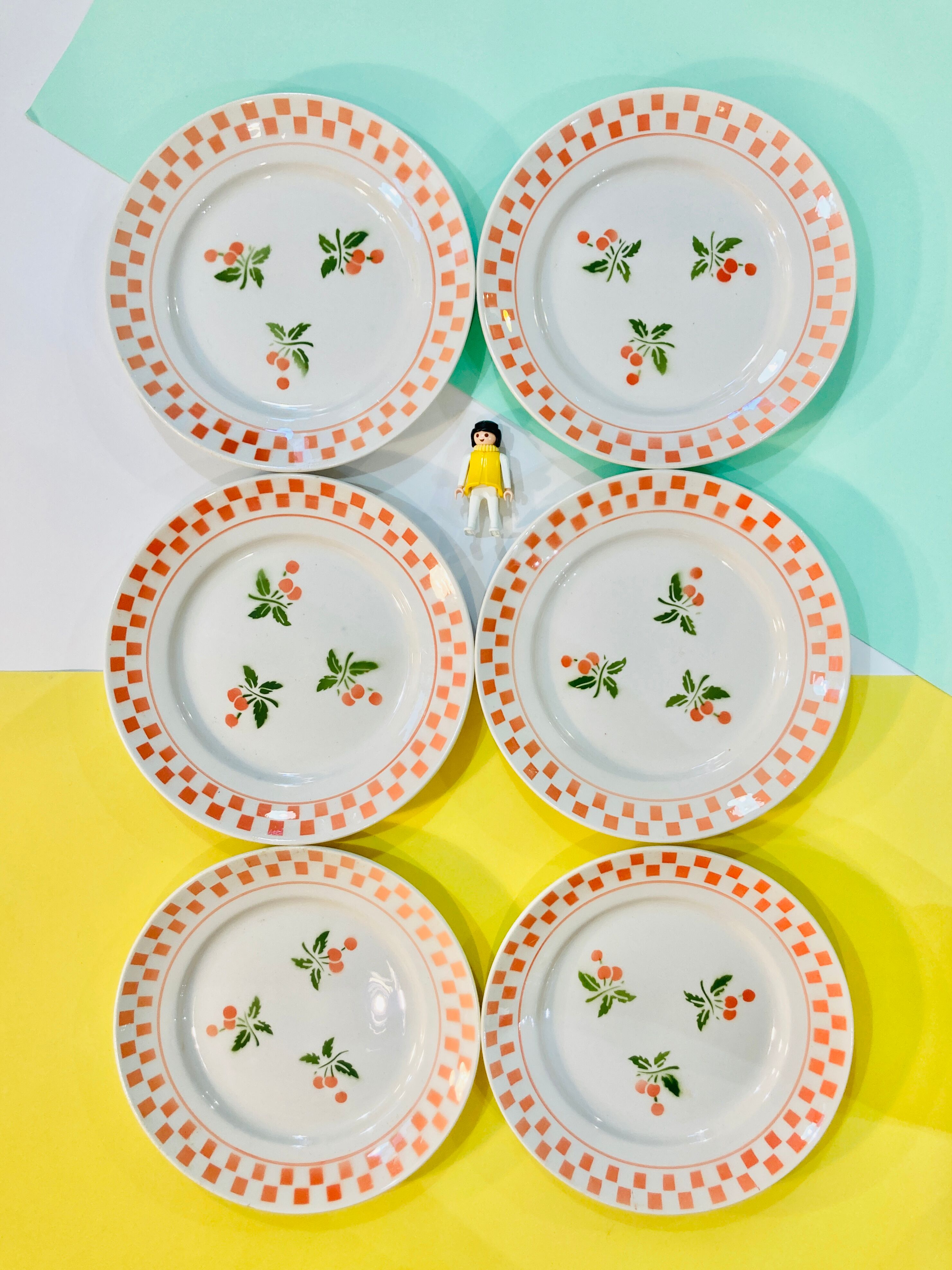 6 large plates in ecru ceramic pattern orchies- moulins des loups -retro-vintage-kitchen