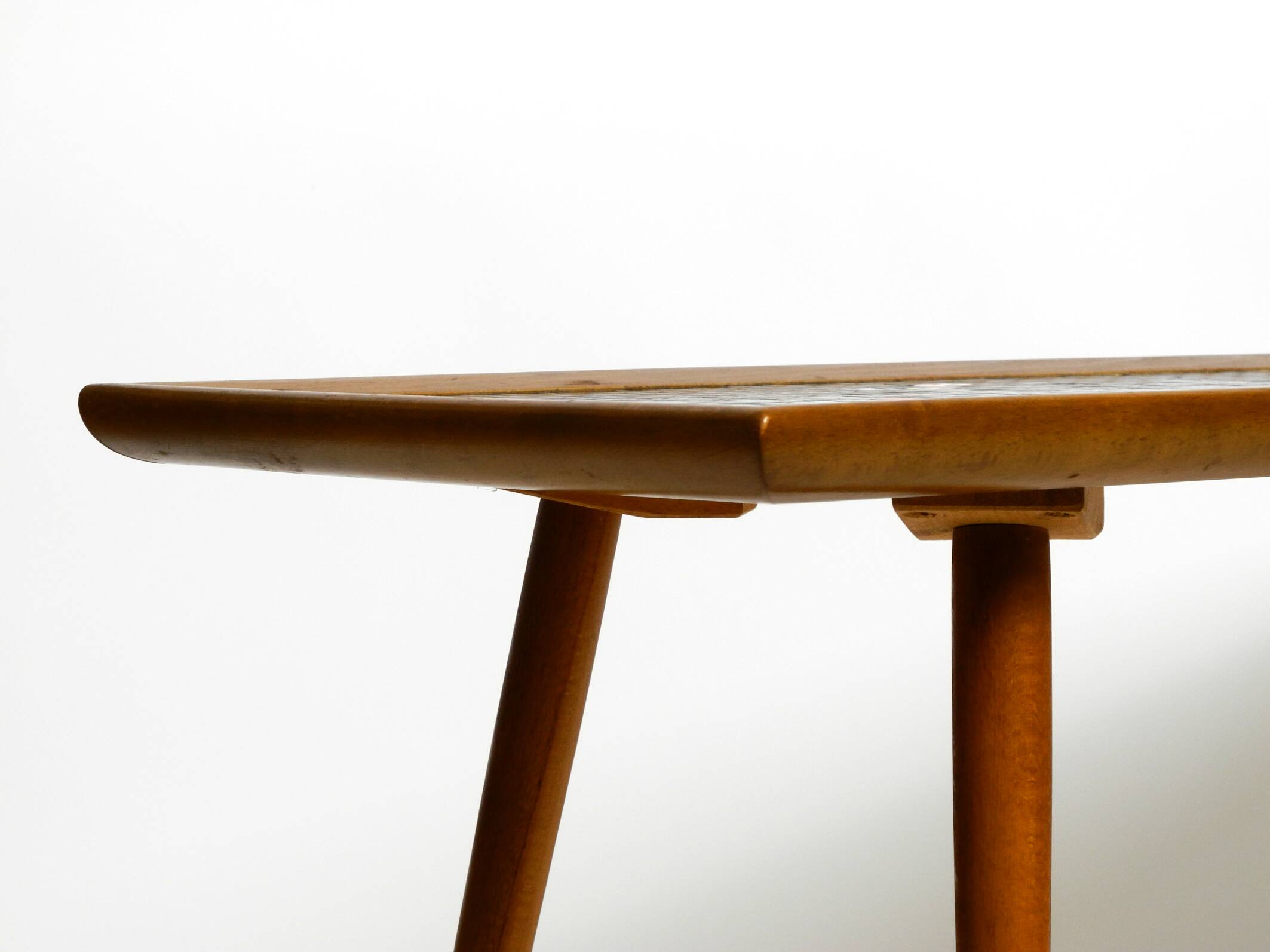Beautiful long Mid Century walnut wood coffee table with a mosaic surface