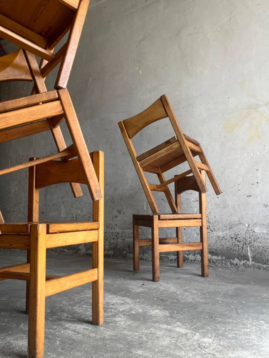 Set of 6 vintage pine dining chairs by Ilmari Tapiovaara — honey-brown solid wood, 1960s
