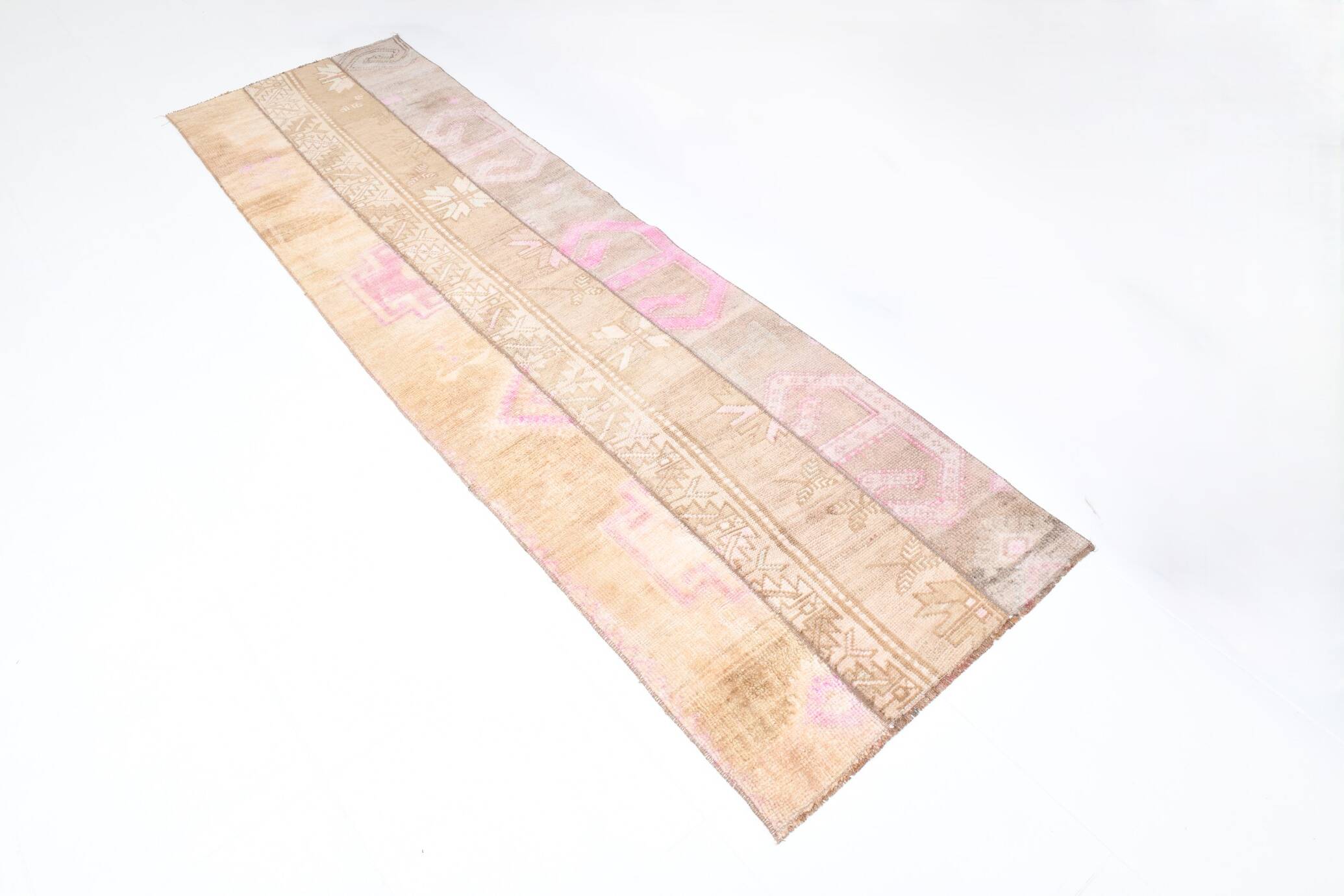 2x9 Turkish Pink & Brown Hallway Vintage Runner Rug, 77x270Cm