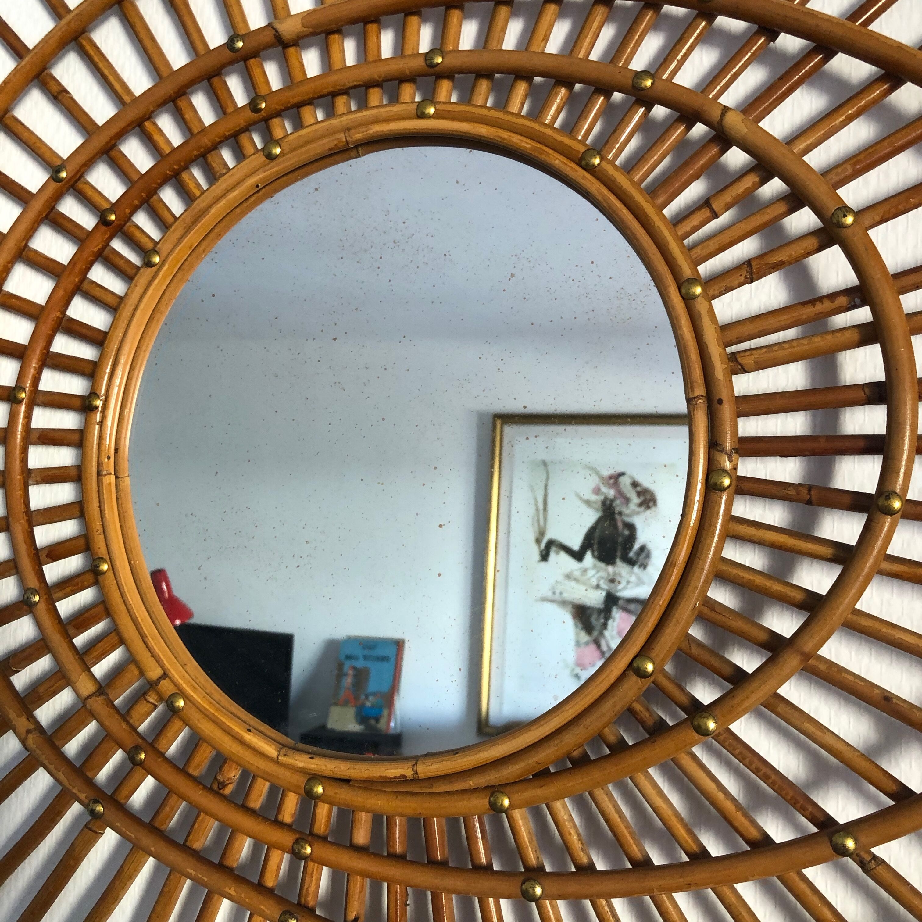 Rattan sun mirror gold plated 84x65cm vintage 1960