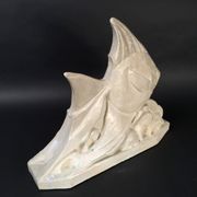Salt-glazed stoneware sculpture, Roger Guérin, stylised fish, Art Deco