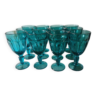 Set of 12 blue stemmed glasses