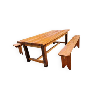Country farmhouse table in oak and pine + 2 benches