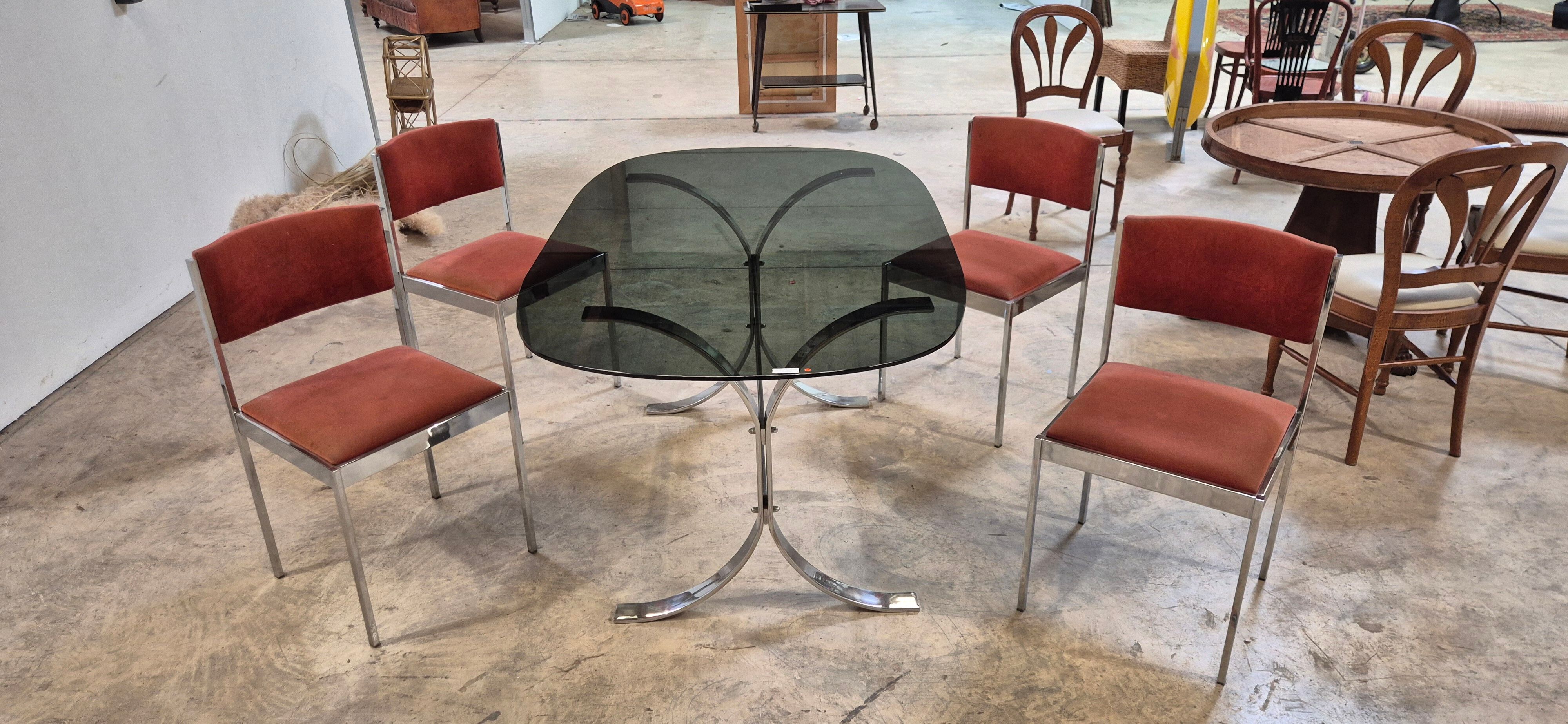 Dining room table + 4 stainless steel and smoked glass chairs 1970