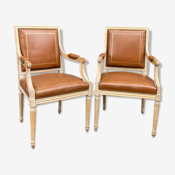 Pair of Louis XVI Style Lacquered Wooden Armchairs