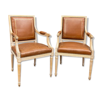 Pair of Louis XVI Style Lacquered Wooden Armchairs