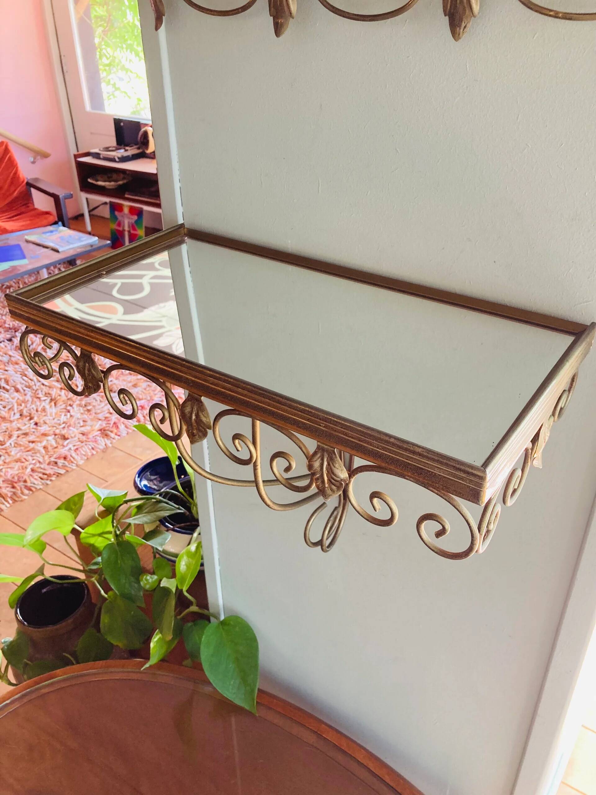Vintage brass Deknudt mirror with shelf, 1970s