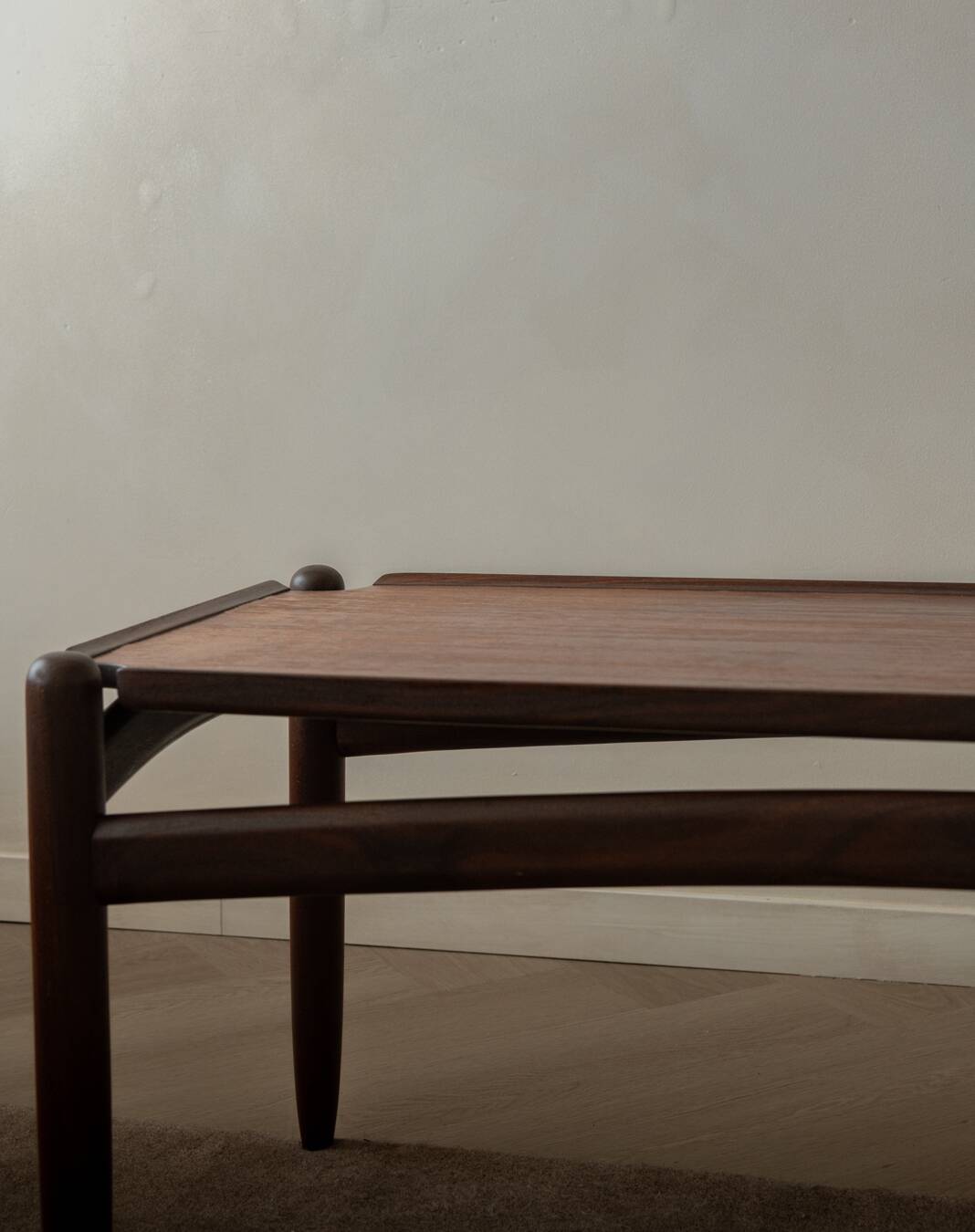 Vintage Teak Coffee Table, Mid Century Modern, Sculptural Arched Stretchers