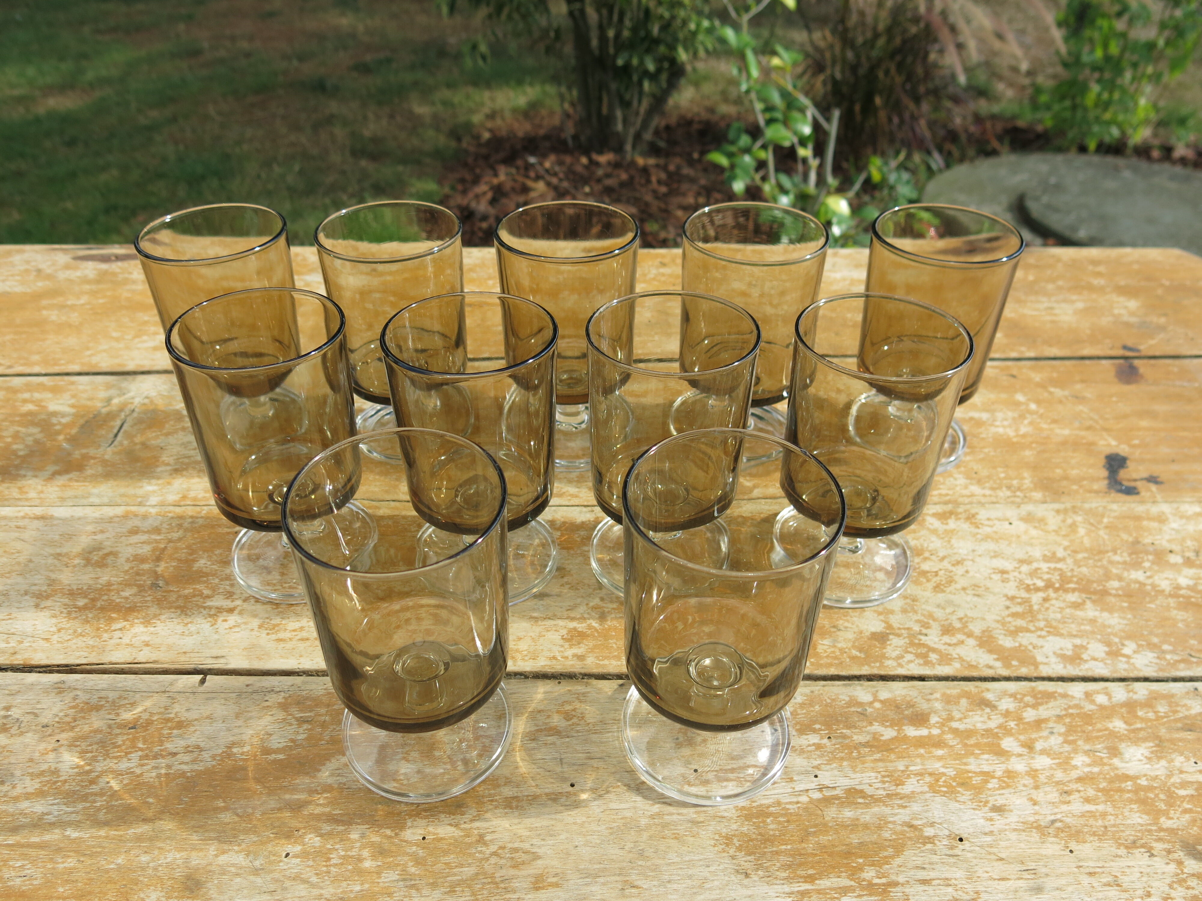11 gray smoked glass foot glasses in excellent vintage condition