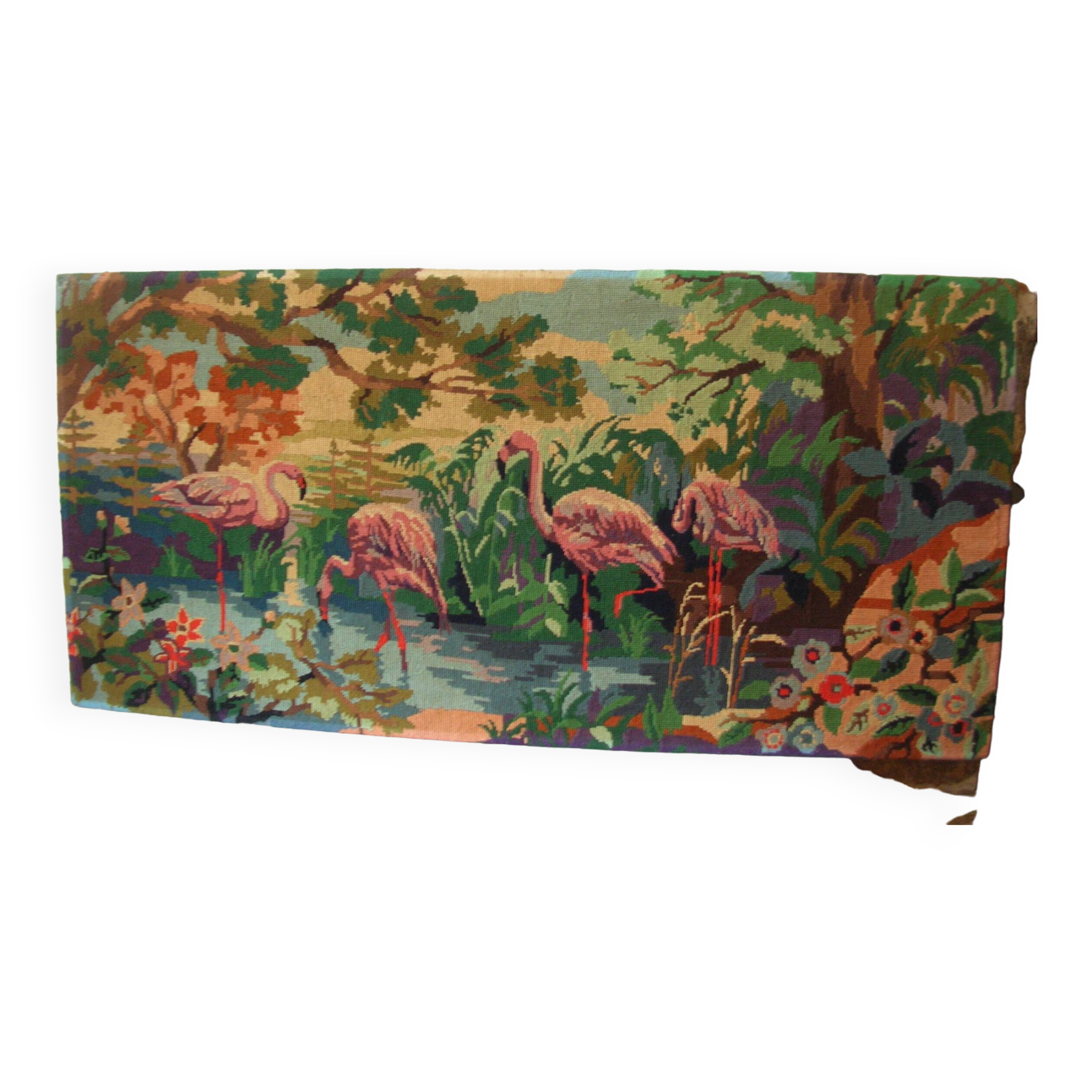 Old canvas tapestry made from a group of pink flamingos 102 cm vintage decoration 1970