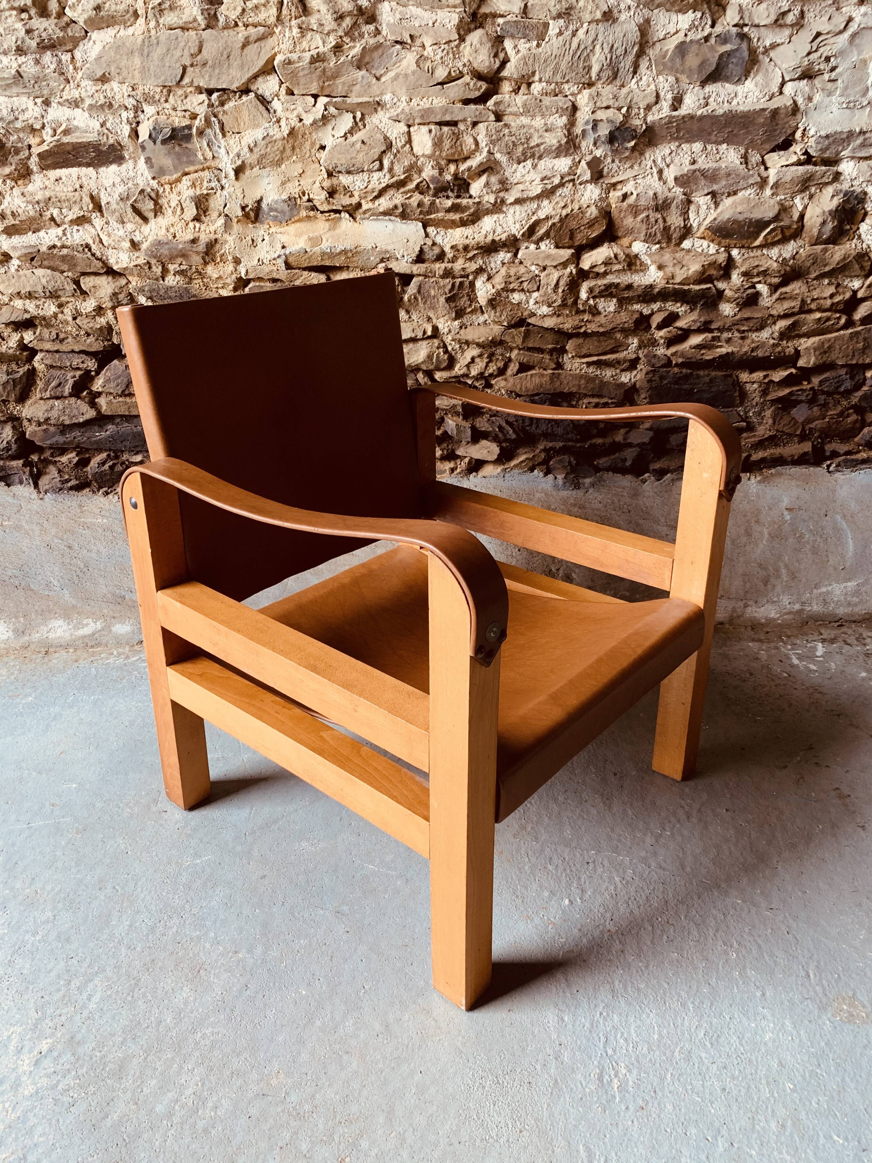 Safari armchair in wood and leather -1950's