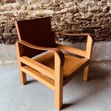 Safari armchair in wood and leather -1950's