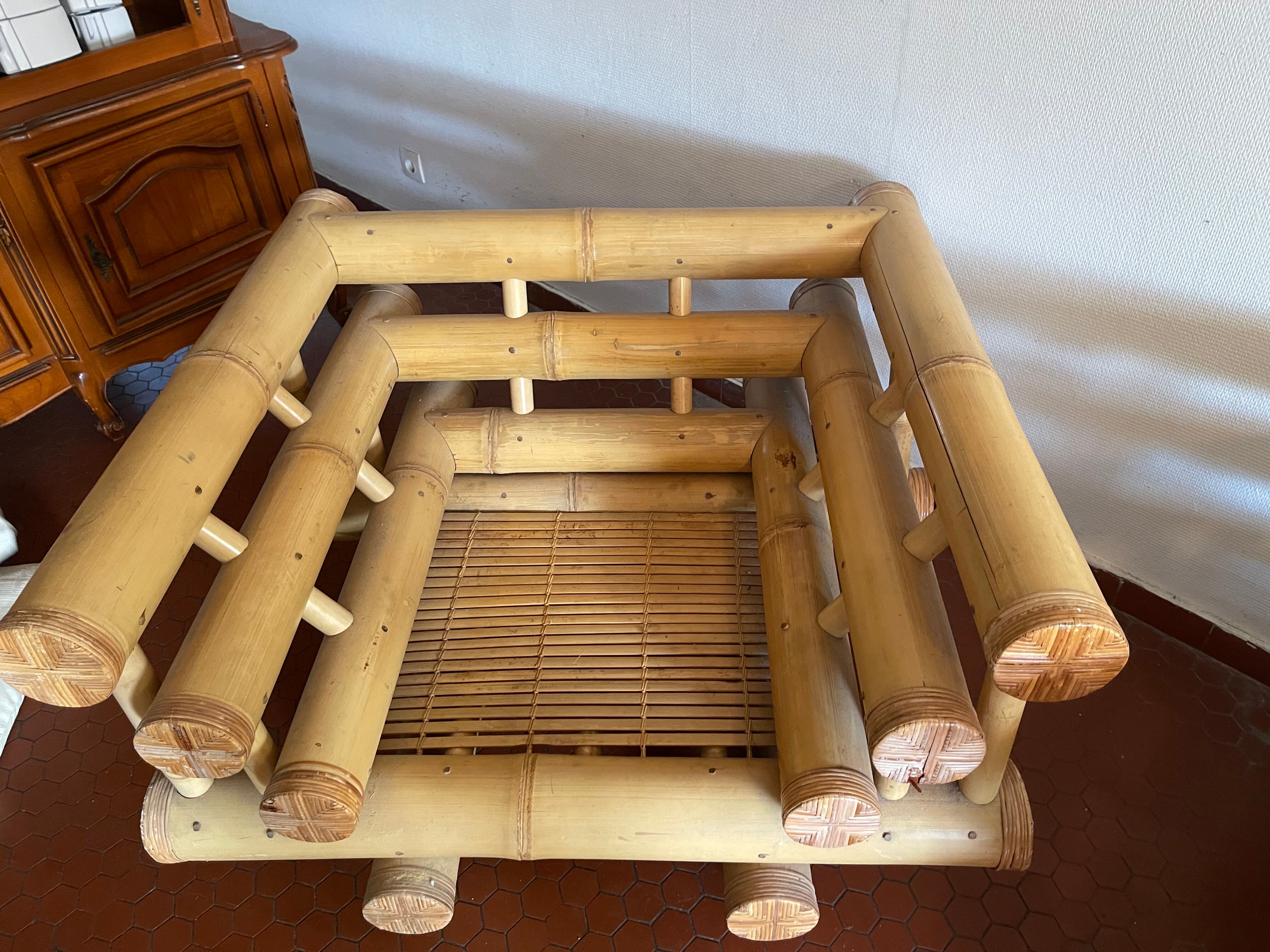 Set Sofa and 2 armchairs in large bamboo with cushions