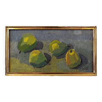 Peinture à l’huile suédoise de nature morte moderne « Poires vertes » du milieu du siècle, encadrée