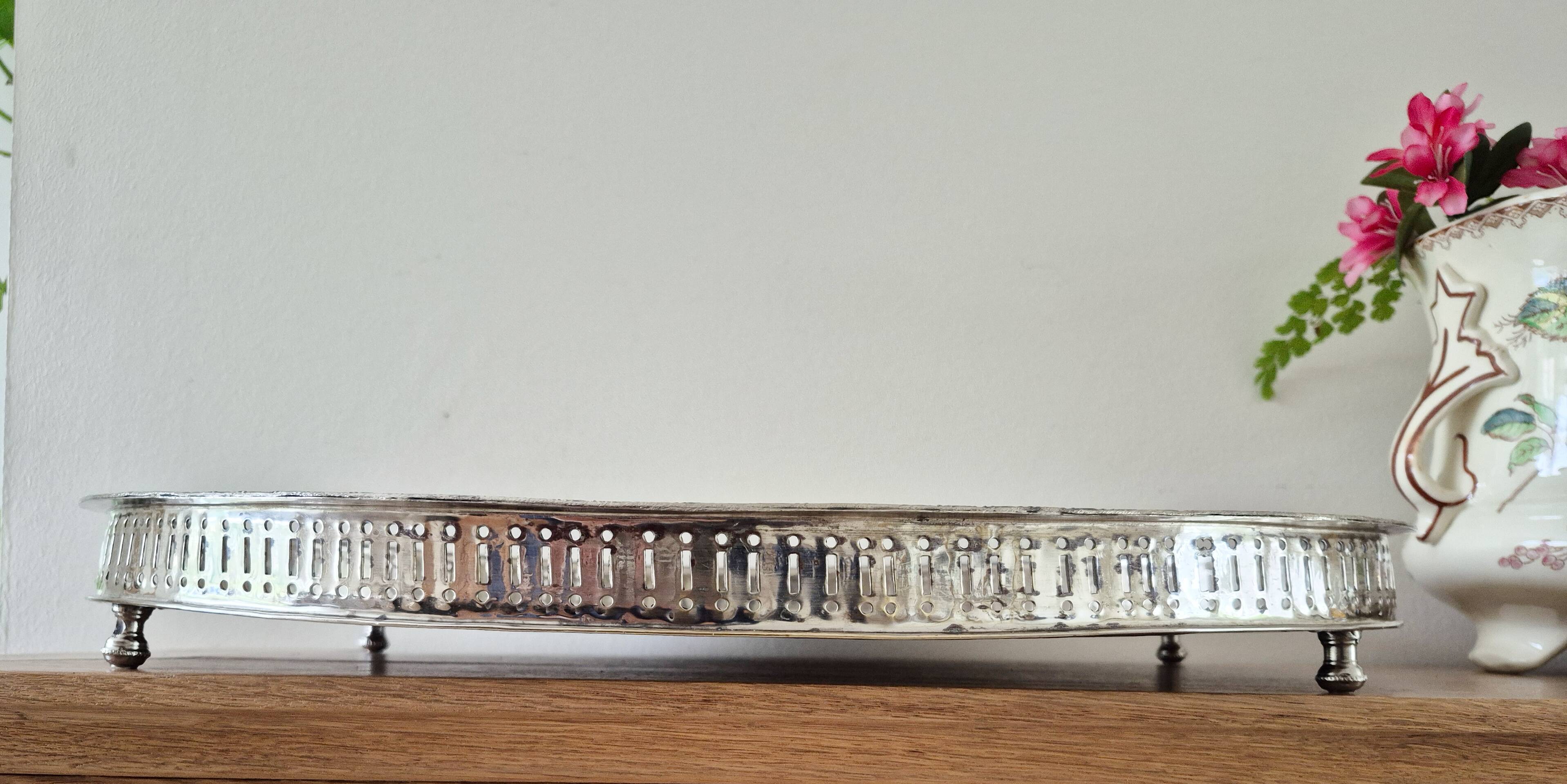 Oval silver-plated metal serving dish