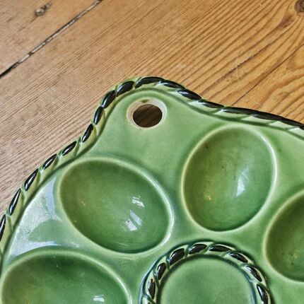 Vintage green relief majolica egg dish - 1960s