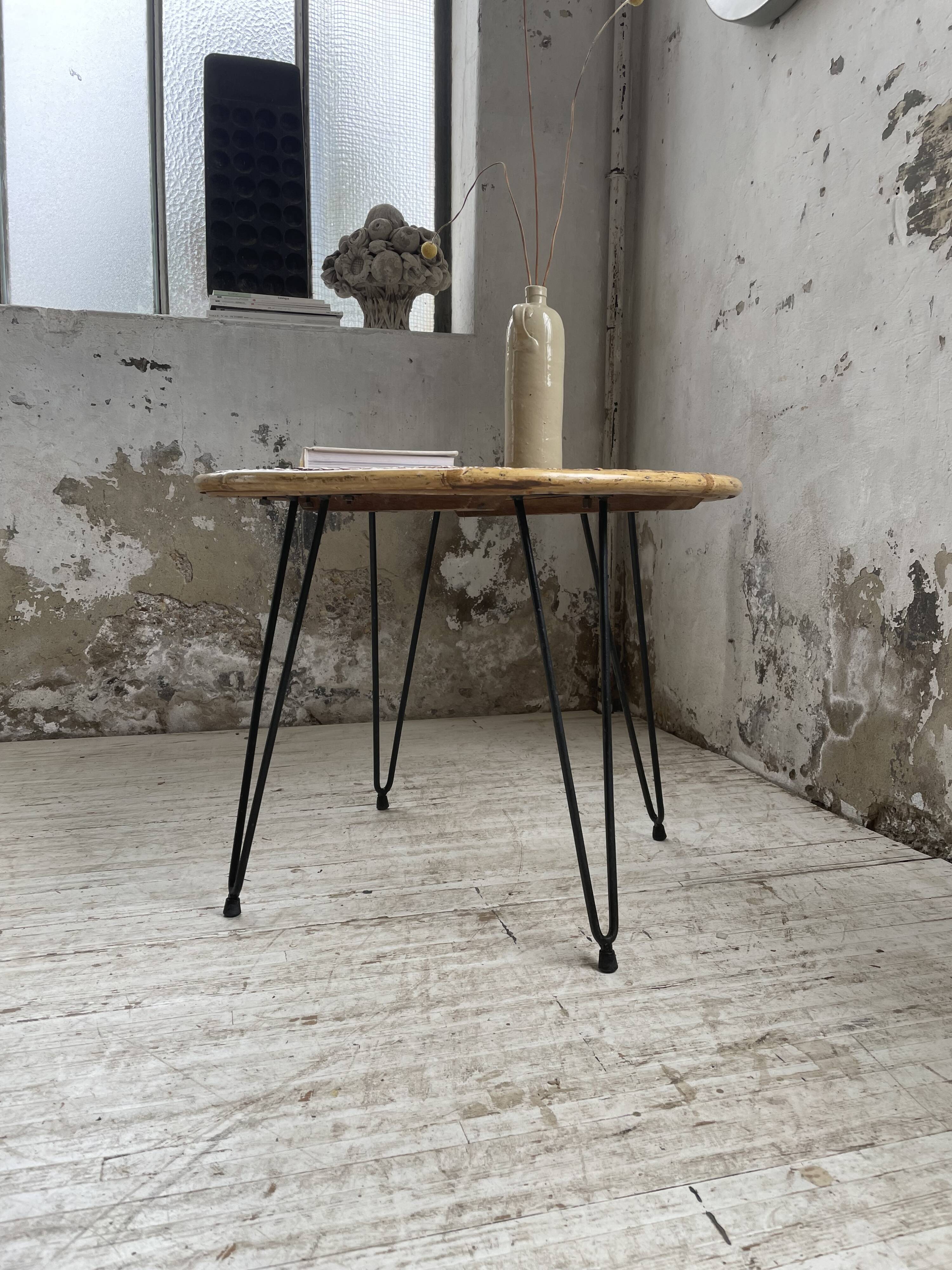 Wicker and metal coffee table from the 1950s