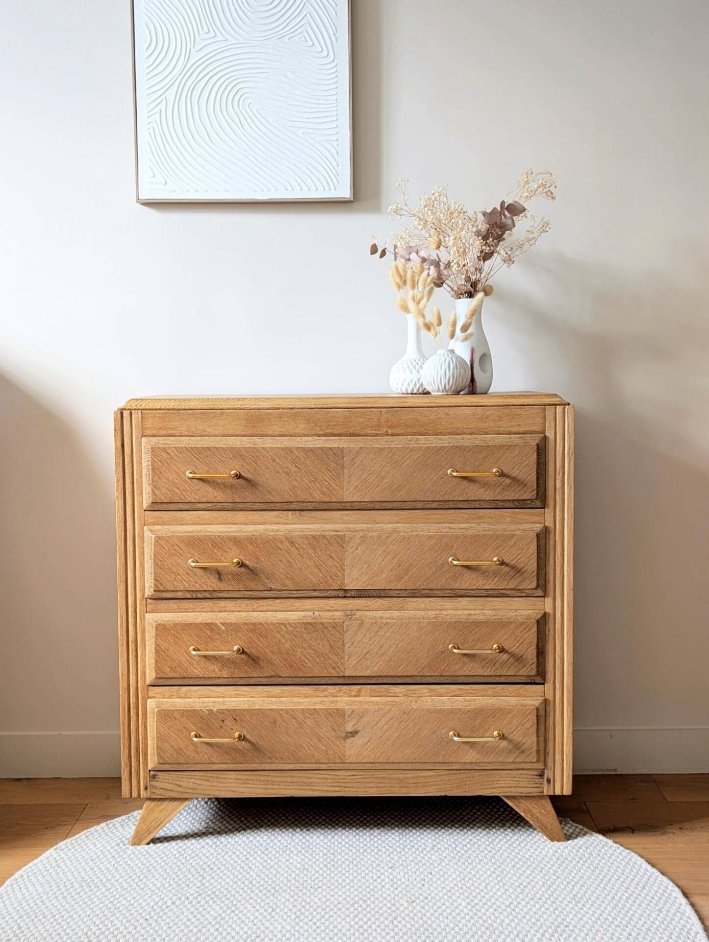 Commode vintage rénovée, chêne blond, pieds compas, années 50 60