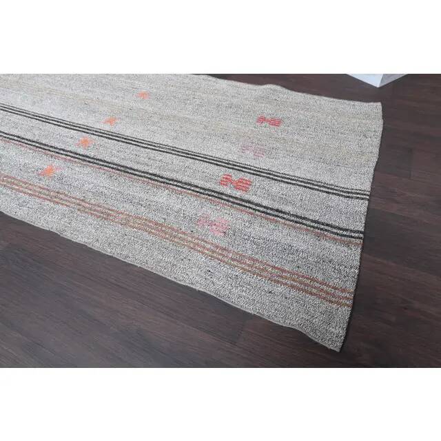 Vintage Turkish Hand-Knotted Wool Cotton Gray Kilim Runner 102x266
