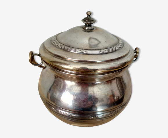 Small old silver metal pot with lid and handle