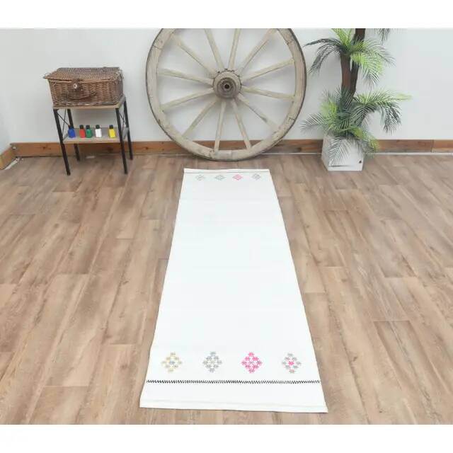 1970s Vintage Turkish Handmade Wool Cotton Beige Kilim Runner Rug 66x207