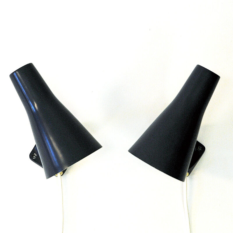 Blue metal cone shaped wall sconces pair by Asea - Sweden 1950s