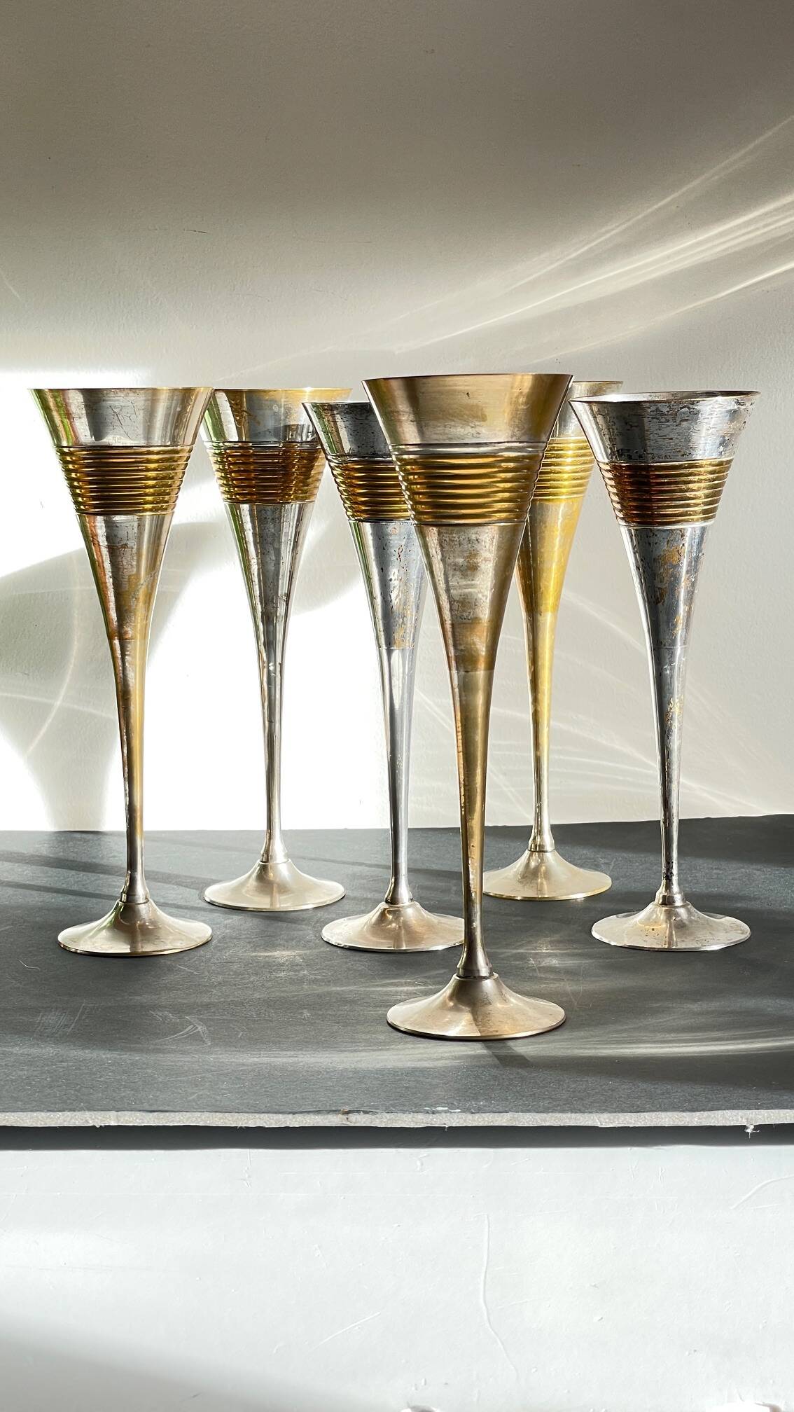 6 Vintage Silver-Plated Brass Champagne Flutes