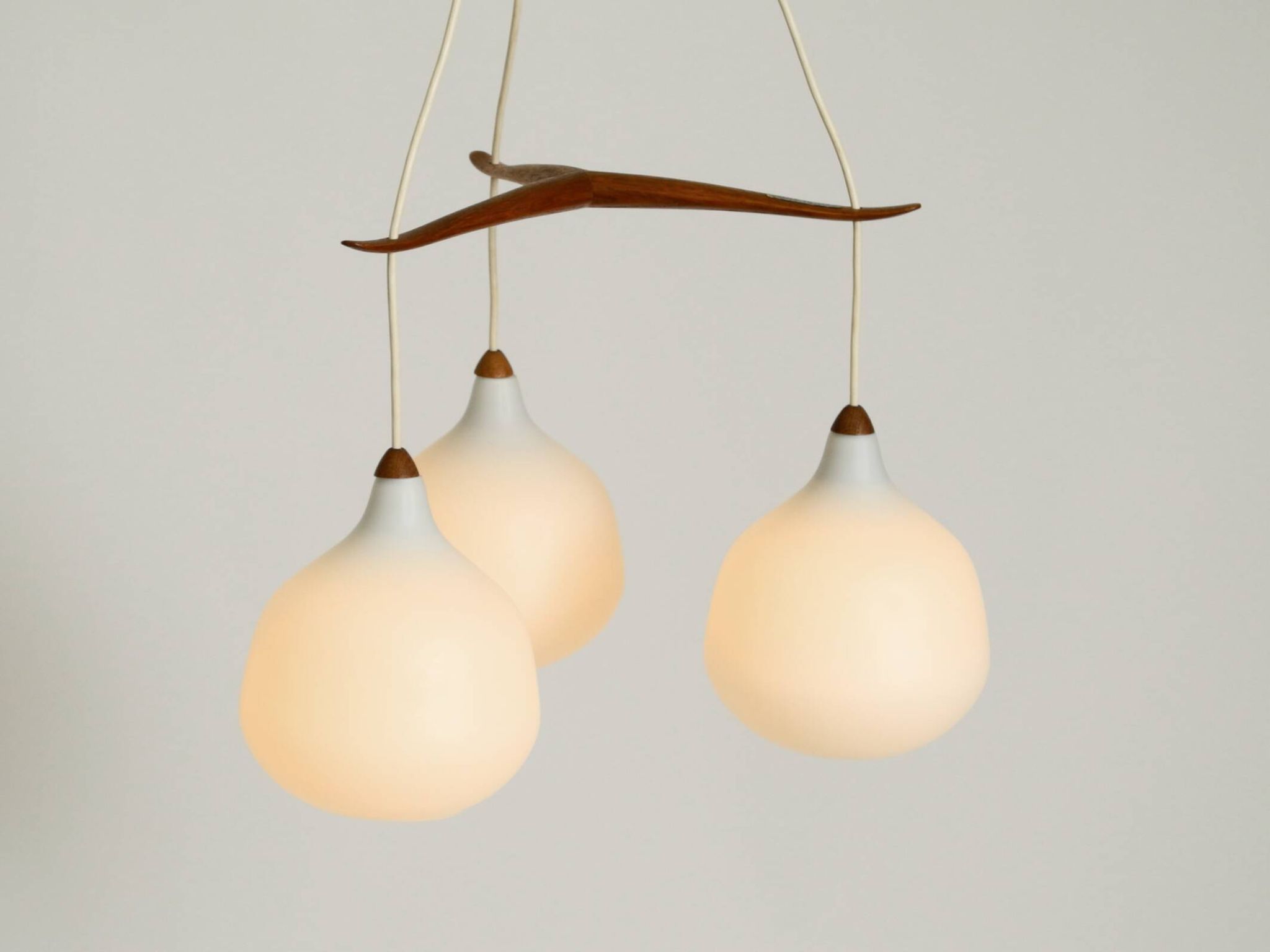 Pendant lamp with opal glass shades teak frame by Uno & Östen Kristiansson